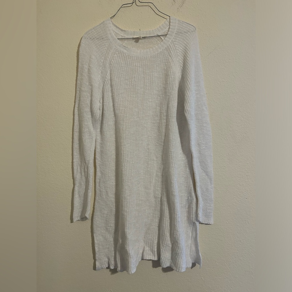 Eileen Fisher White Crew Neck Tunic Sweater Organic Linen Cotton Long Sleeve M